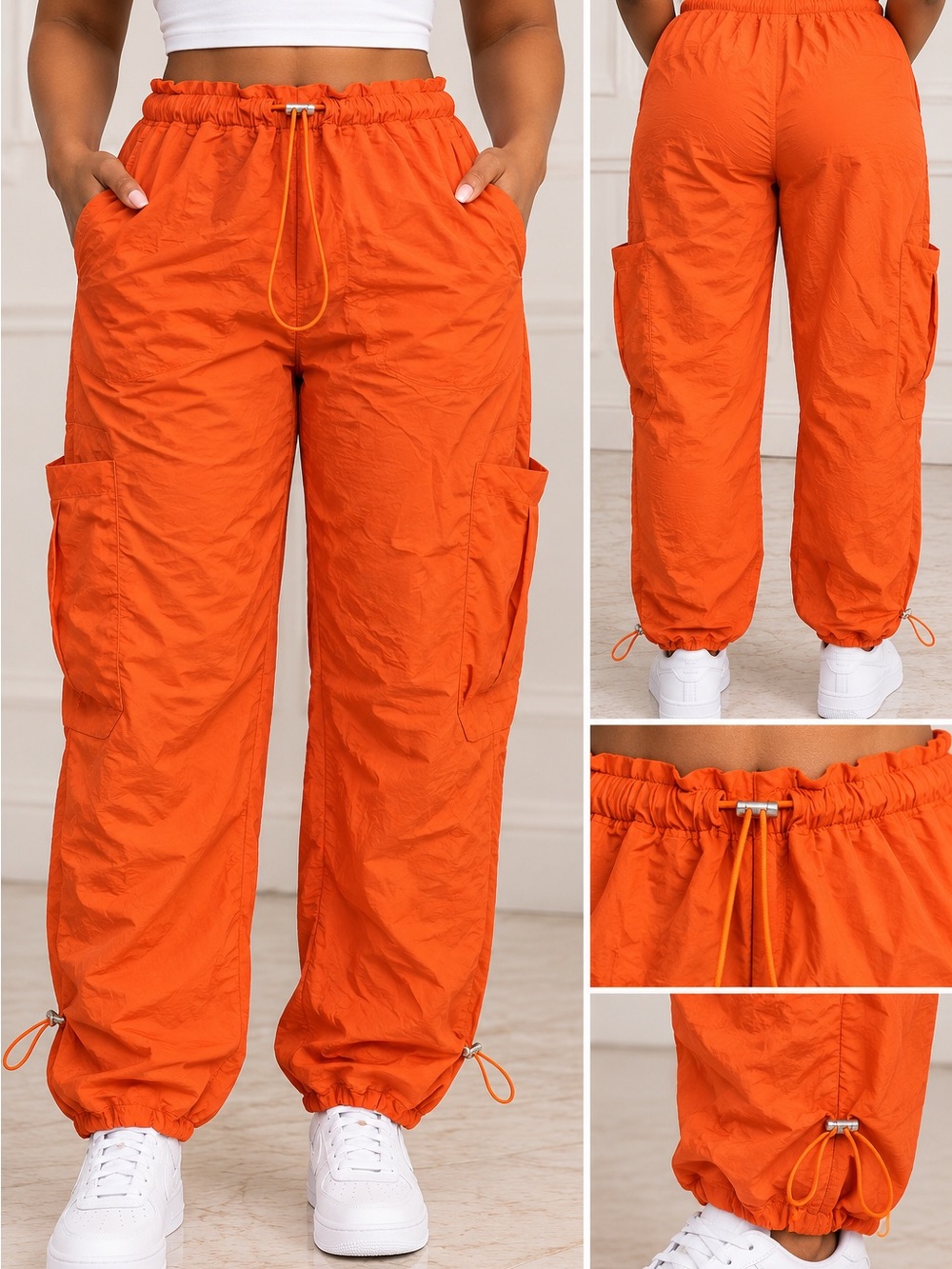 Women's Orange Cargo Jogger Pants with Drawstring Waist